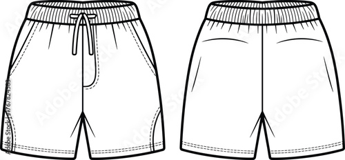 Elastic waist shorts front and back view, fashion flat sketch, CAD drawing, vector illustration