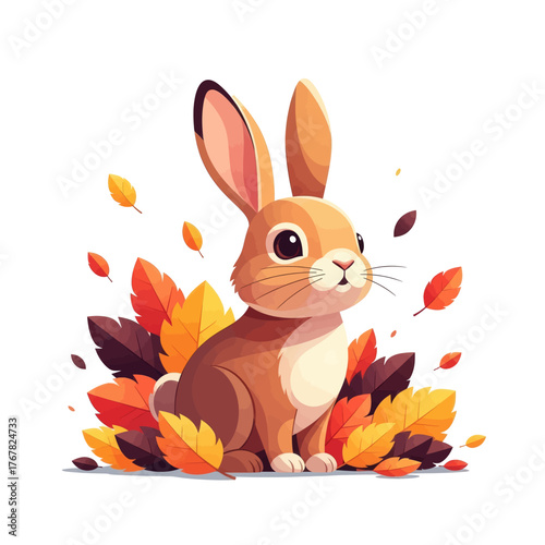 A cute brown cartoon rabbit with long ears sits amidst a pile of colorful red, orange, and yellow autumn leaves on a white background.