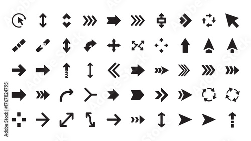 Set of black arrow icons simple flat vector design elements for navigation and user interface isolated on white background