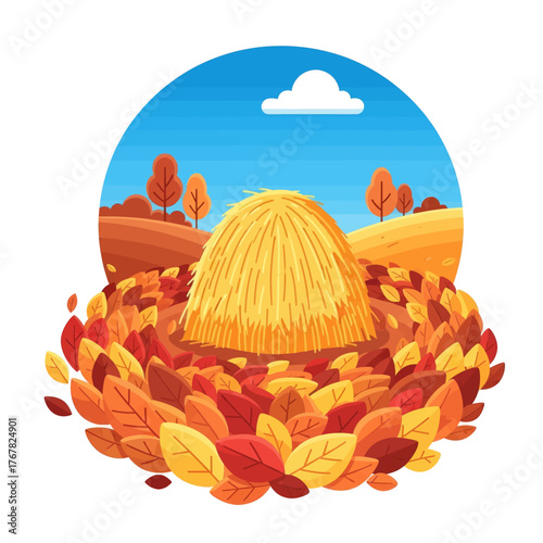 Vibrant autumn landscape illustration with a haystack surrounded by colorful fallen leaves.
