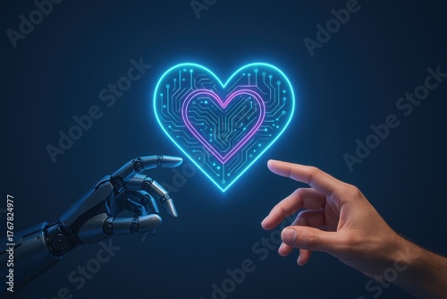 Robotic Hand and Human Touch Forming Heart Shape with Neon Circuit Pattern on Dark Background
