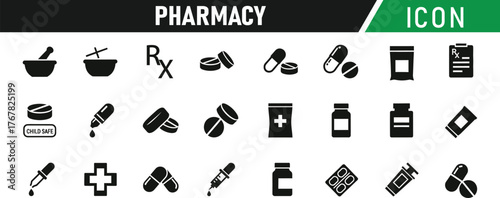 Pharmacy icon set. Including Medicine Bottle, Pill, Capsule, Syringe, Cross, Prescription, Pharmacy Building, Dropper, Thermometer, First Aid Kit. Vector silhouette illustration