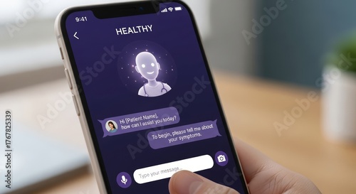 Person using an artificial intelligence health chatbot on a smartphone for medical symptom diagnosis and virtual assistance