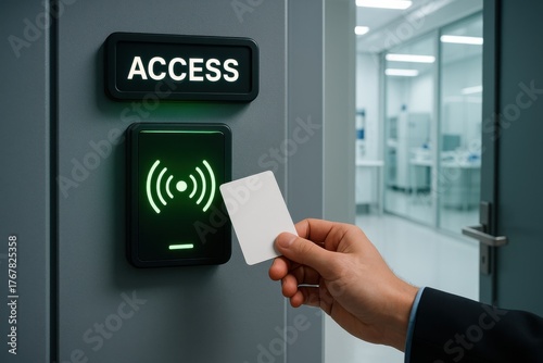 Modern Access Control System with Badge Reader and Green Indicator in High-Tech Environment
