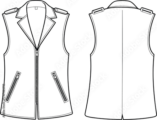 women sleeveless jacket flat sketch, zipper vest design, fashionable outerwear apparel, cad drawing vector illustration, template