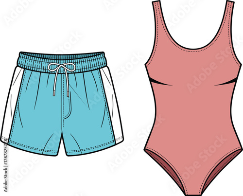 women swimwear and shorts flat vector, summer beach outfit design, front view fashion cad drawing illustration