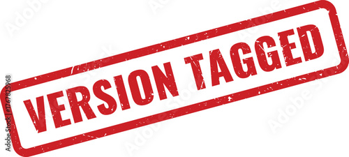 Official red version tagged rubber stamp for document management and software release tracking