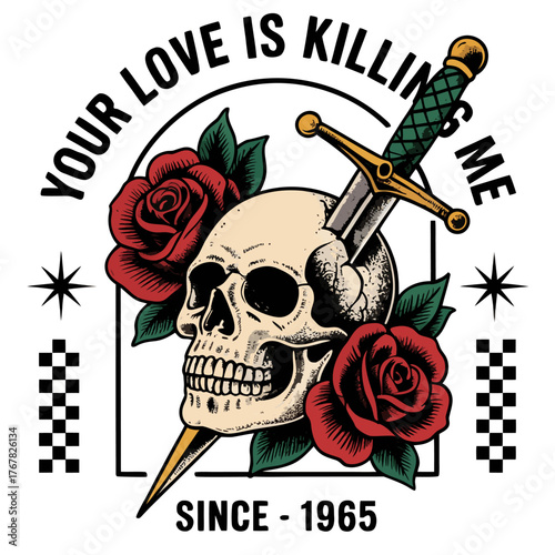 A vintage-style tattoo art design featuring a white
human skull with detailed shading and teeth, pierced by a green and gold sword