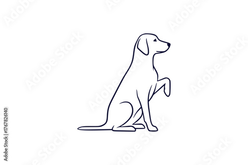 A charming minimalist single color illustration of a friendly dog sitting attentively with one paw gently raised in a welcoming gesture