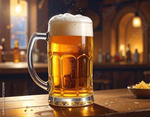 A perfect pint of beer with foam in a glass mug on a wooden table in a pub