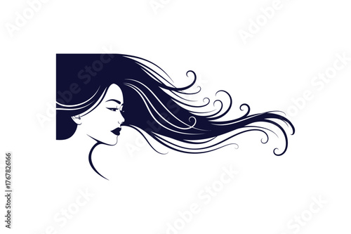 Elegant minimalist one color silhouette of a woman s face with flowing hair artistic vector design