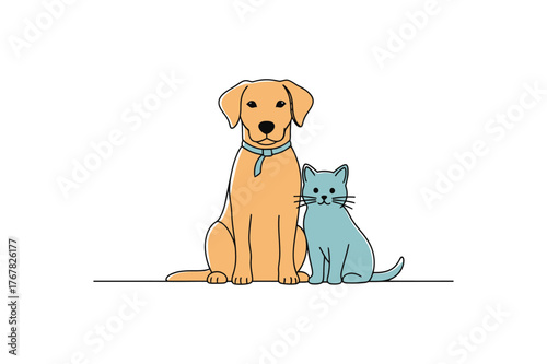 Charming single color vector art depicting a dog and cat sitting together in a minimalist composition