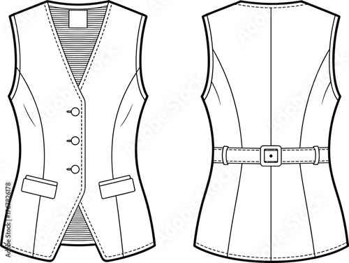women sleeveless vest fashion flat sketch, buttoned waistcoat design, front and back apparel template illustration