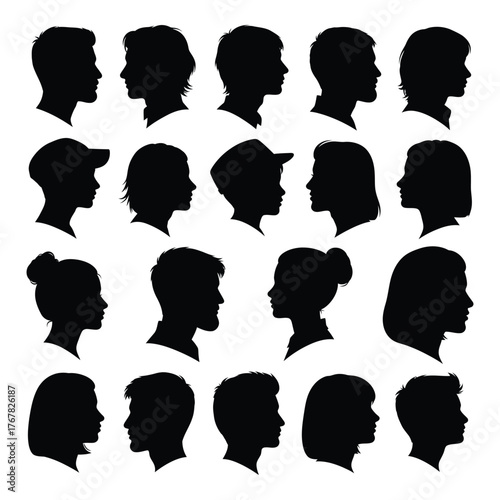 Diverse silhouette profile portraits of people showing different hairstyles and features vector