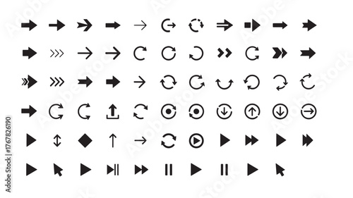A diverse collection of black vector arrow and navigation icons for user interface design on a white background.