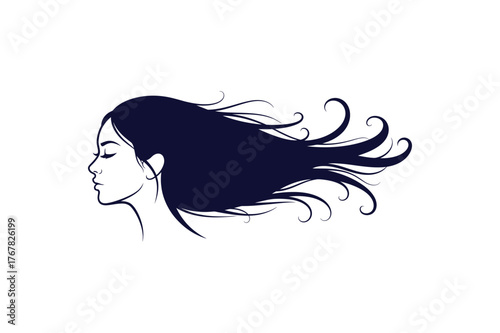 Elegant minimalist one color silhouette of a woman s face with flowing hair vector graphic design