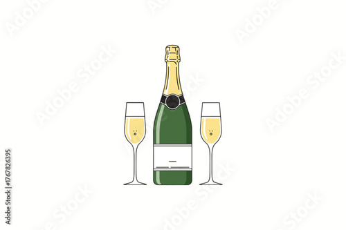 Elegant minimal vector illustration of a champagne bottle and two glasses celebrating a special occasion