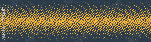 Square wavy grid halftone pattern horizontal straight border ultra wide 32:9 aspect ratio vector yellow black abstract background. Half tone graphic texture panoramic format retro futuristic backdrop