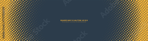 Square wavy grid halftone pattern round frame ultra wide 32:9 aspect ratio vector yellow black abstract background. Half tone graphical texture panoramic ultrawide format retro futuristic abstraction