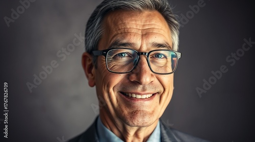 portrait of a mature businessman wearing glasses on grey background happy senior man looking at camera isolated over grey wall with copy space