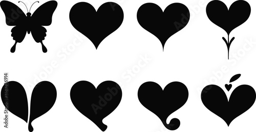 Heart and butterfly silhouette set, romantic love symbol vector design, minimalist black shapes for decoration and creativity