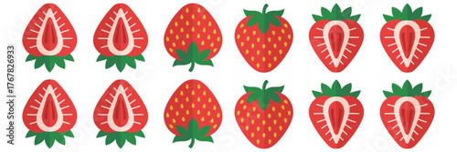 Strawberry repeat pattern, assorted whole berries with leaves, heart shaped slices, playful decorative row, packaging background vector