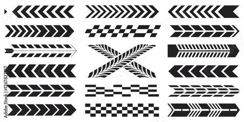 Racing Car Stripes and Vehicle Decal Vector Set, Angled Checkered Patterns, Finish Line Flags, Speed Lines, Motocross Labels, and Motorsport Graphics for Car Tuning