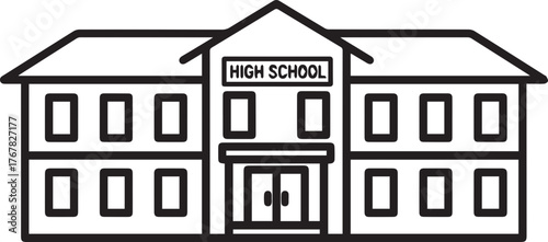 Clean line drawing of a high school building, ideal for educational materials or back-to-school designs, evoking feelings of learning and growth