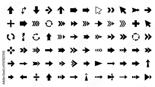 Collection of black arrow icons simple flat vector design elements for user interface and navigation isolated on white background