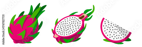 Dragon fruit set, bright pink skin, white flesh with seeds, tropical smoothie ingredient, healthy superfood vector illustration