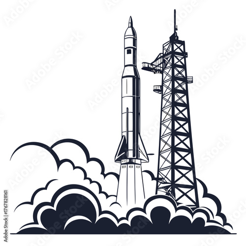 Rocket launch illustration with service tower