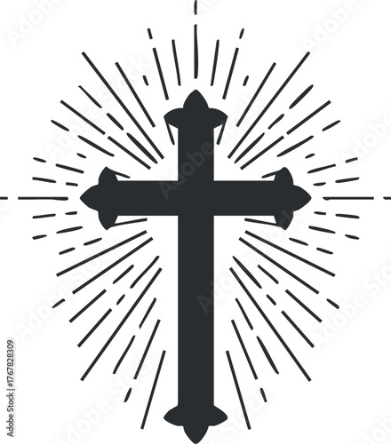A stylized cross with rays of light emanating from it symbolizing faith and spirituality.