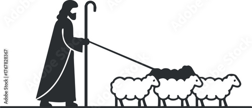 A shepherd guiding a flock of sheep through a rural landscape.