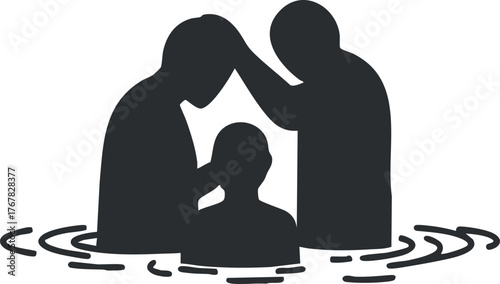 Silhouette of two people supporting another in water illustrating love and connection.