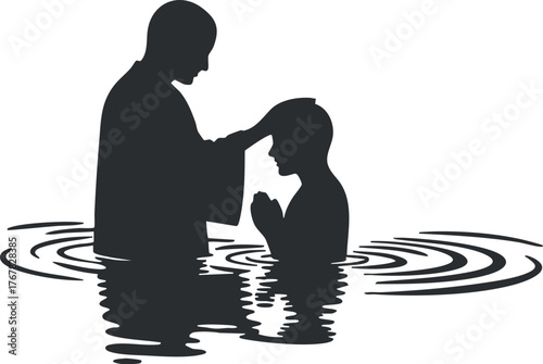 Silhouette of a baptism ceremony in water symbolizing spiritual rebirth and faith.
