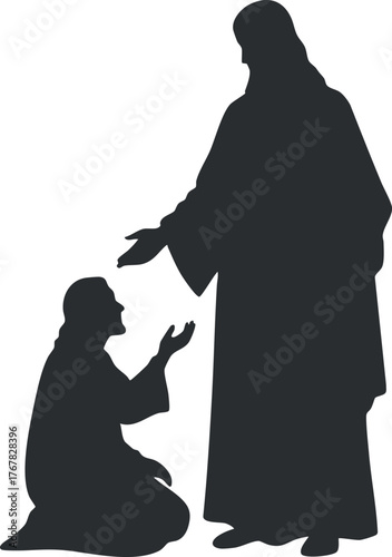 A silhouette depicting a spiritual teaching moment between a figure and a kneeling believer.