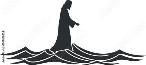 A silhouette of Jesus walking on waves, symbolizing faith and divine presence.