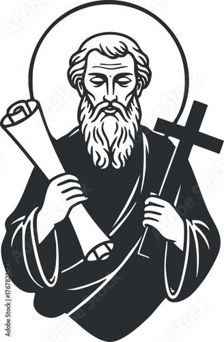 A religious figure holding a scroll and a cross, symbolizing faith and spirituality.