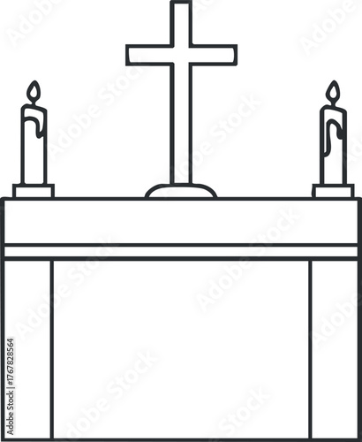 A simple illustration of a religious altar featuring a cross and candles.