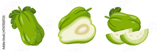 Chayote squash vegetables set, whole fruit and cross sections, bright green pulp, tropical market produce, vector icons, isolated