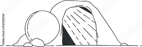 An illustration of a cave entrance with a large rock in front, symbolizing exploration.