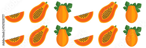 Papaya pattern border, repeating whole and halved fruits with leaves, tropical banner decoration, juice label, editable vector illustration
