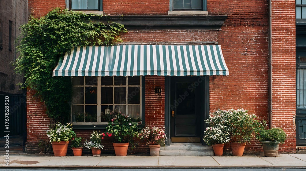 Obraz premium Charming brick building facade with striped awning and potted plants a classic architectural detail perfect for urban lifestyle and home decor concepts