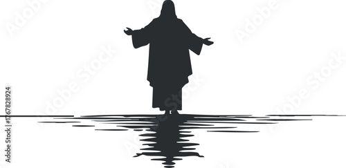A serene silhouette of a figure with outstretched arms reflecting on water.