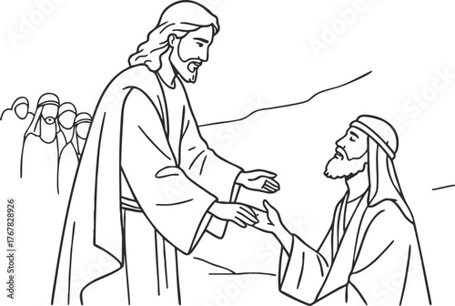 An illustration of Jesus healing a man, symbolizing compassion and faith in a spiritual context.