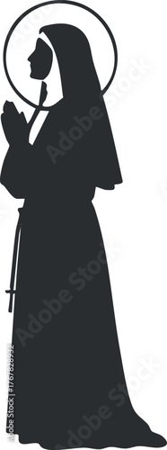 Silhouette of a nun in prayer, symbolizing devotion and spirituality in religious settings.
