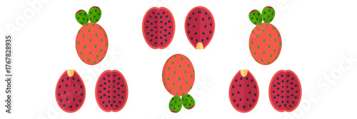 Strawberry elements pattern, whole berries with leaves, halved slices, dotted seeds, seamless fruit row, decorative food vector