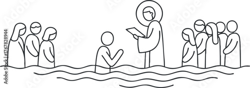 Illustration of a baptism ceremony with participants in water and a spiritual leader officiating.