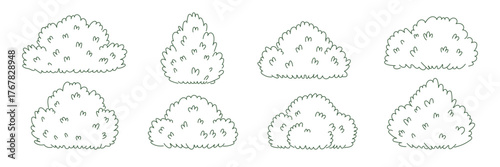 Set of hand drawn doodle bushes in outline style. Simple green shrub shapes isolated on white background. Minimal nature vector illustration.