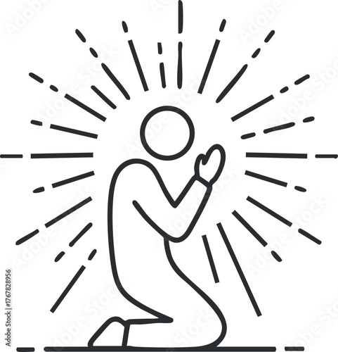 A silhouette of a person kneeling in prayer with rays of light symbolizing spirituality.